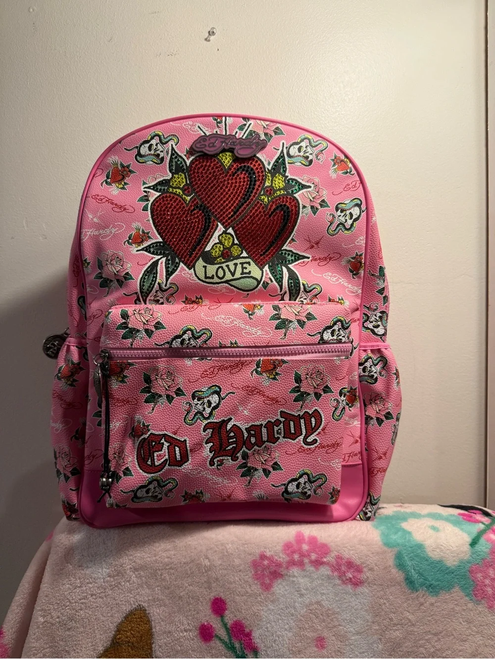 Ed Hardy Backpack Pink Rhinestone Love Kills Slowly Skull Hearts Bling